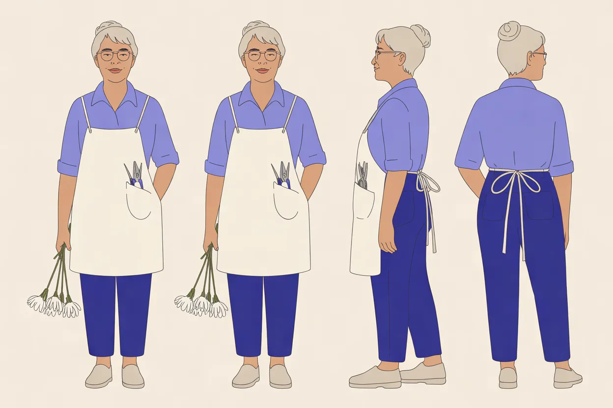 The Night Florist character sheet on a warm cream background: four full-body views of her with silver hair in a bun and round glasses, in a lavender shirt with rolled sleeves, a cream apron with snips in the pocket, indigo trousers and grey slip-on shoes. Two matching front views holding a few white blooms head-down at her side, a side view facing left and a back view showing the apron ties; where her face shows, it has the same calm, closed-mouth smile.